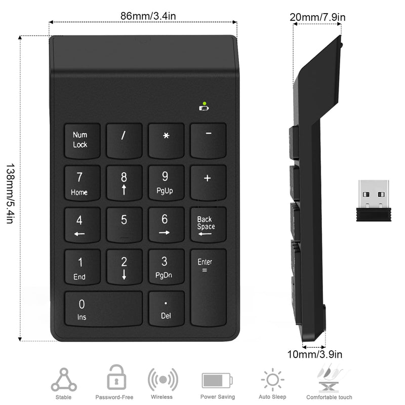 Wireless Number Pad, Numeric Keypad Numpad Keyboard 10 Key USB Keypad Office Accounting Essentials Desktop Computer Laptops Accessories Compatible Chromebook NoteBook EliteBook MateBook etc. Onyx