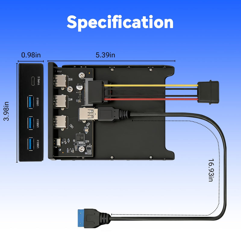 3.5 Inch USB C Front Panel, Internal USB Hub, 4-Port with 3 USB-A & 1 USB-C, USB 3.0 5Gbps Speed Transfer, 15-Pin SATA Power Connection, Fits 3.5" Floppy Drive Bay for Desktop PC Blcak 3A1C