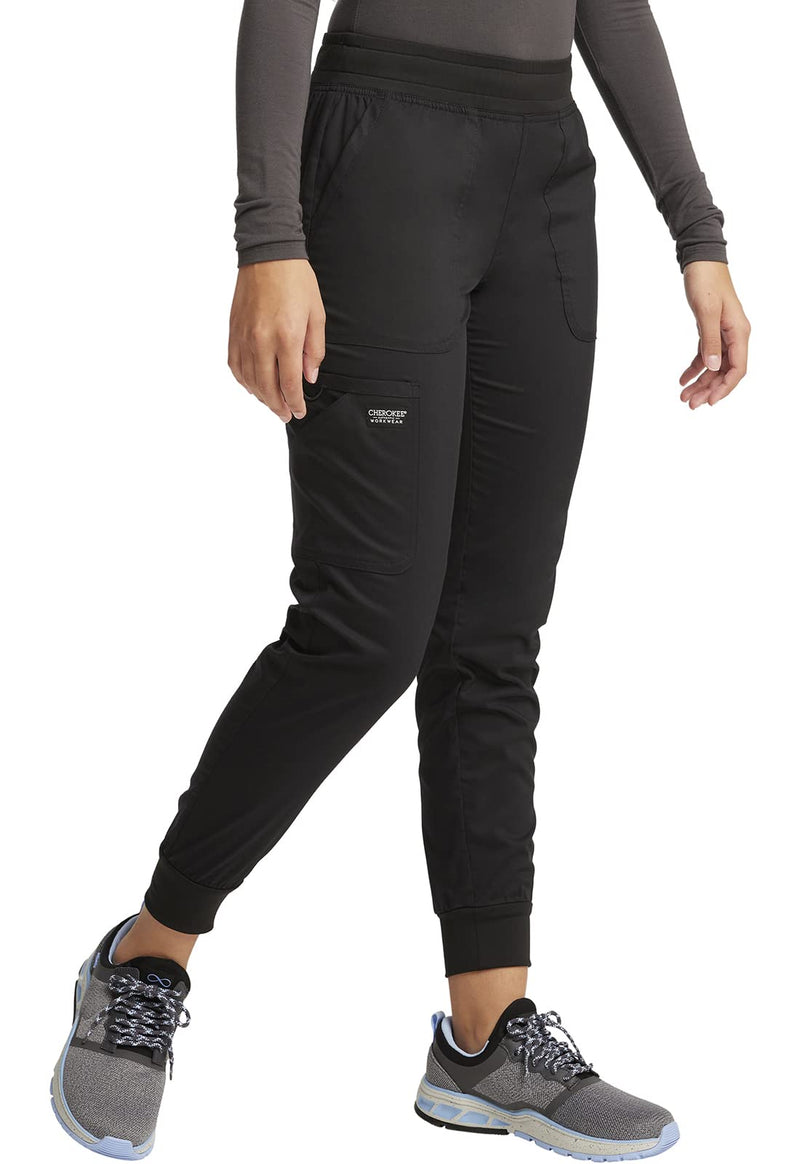 Cherokee Women's Scrub Jogger Pants Modern Classic Fit Mid Rise Bottom with 5 Pockets, Elastic Knit Waistband - WW115 Large Black