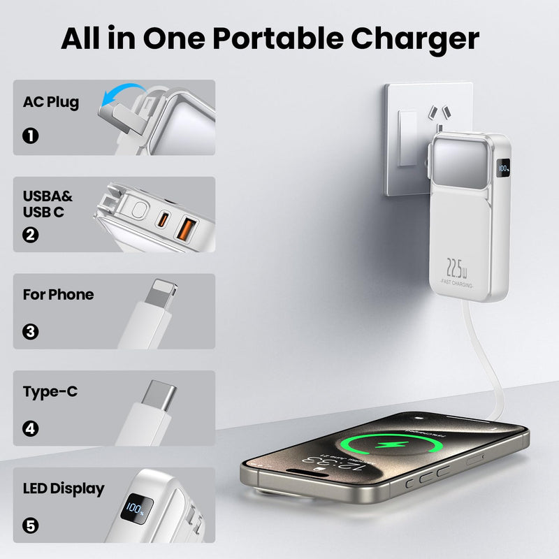 12000mAh Portable Charger Built in Cables and Wall Plug,22.5W USB-C Fast Charging Power Bank, External Battery Pack with LED Display,Travel Essential Battery Pack for iPhone,Samsung More Devices white