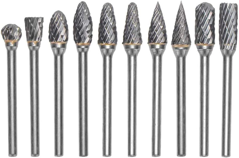 YUELUTOL Aluminum Cutting Bits Carbide Burr Set-10 Pieces With 3mm(1/8 inch) Shank Dia and 6 mm (1/4 Inch) Head Size For Die Grinder Bits Aluminum And Wood