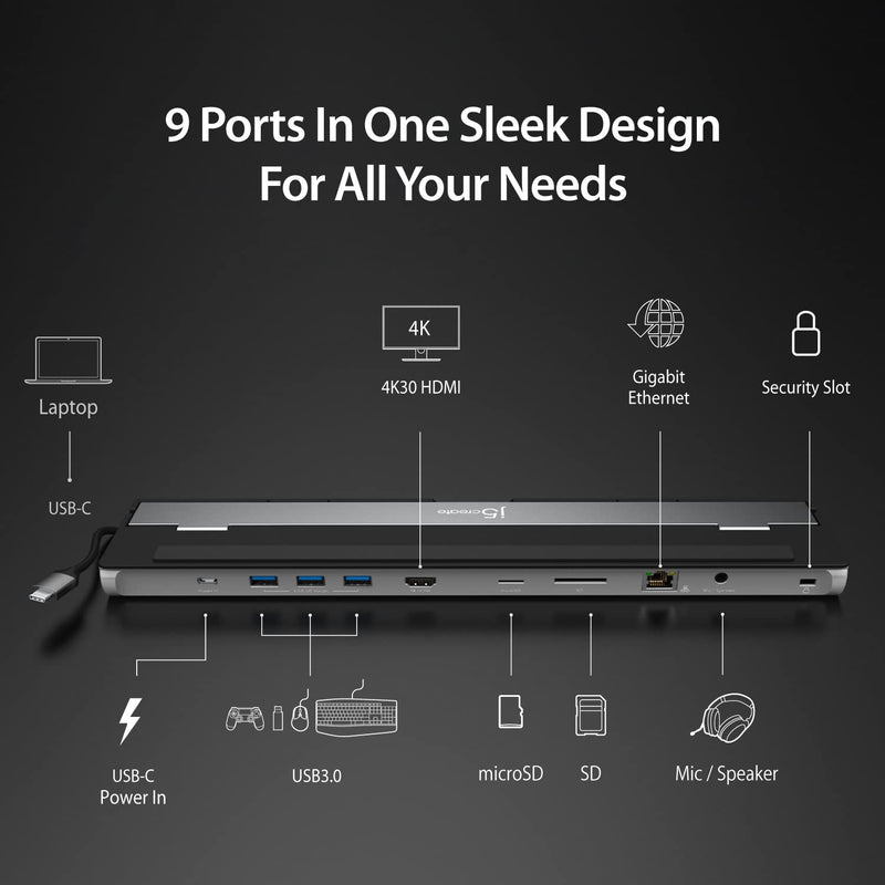 j5create USB-C 4K HDMI Docking Station (9-in-1), 4K HDMI, 5Gbps USB-A x3 | Card Reader, PD 100W, Gigabit Ethernet, Combo Audio Jack, for MacBook, and Windows USB-C Laptop (JCD533)