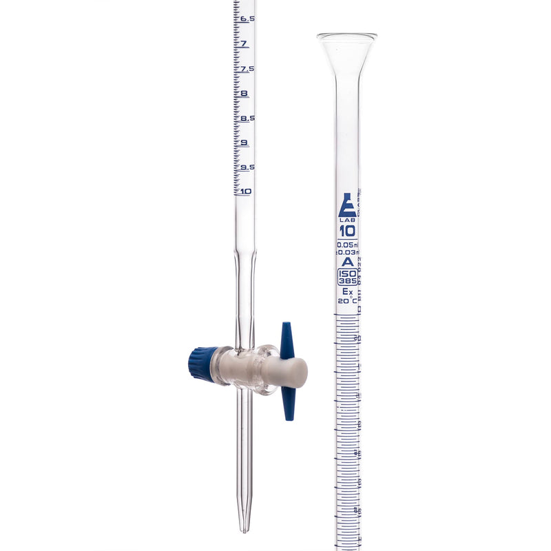 EISCO Burette with PTFE Key Stopcock, 10ml - Class A - 0.05ml Sub Div. Blue Graduations - ±0.03ml Tolerance - Borosilicate Glass