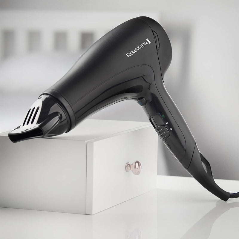 Remington D3010 Power Dry Lightweight Hair Dryer, 2000 W, Black | Three Heat and Two Speed Settings, Eco Setting, Ceramic Ionic Grille, Removable Easy-Clean Grille D3010 Remington Power Hair Dryer