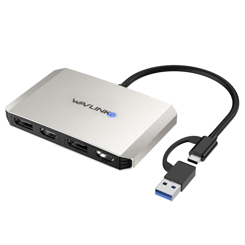 WAVLINK USB C and USB 3.0 to Dual 4K DisplayPort & HDMI Adapter, Displaylink HDMI Splitter Extended Display for Dual Monitor 4K@60Hz, HDMI/DP Splitter Compatible with Mac M1/M2/M3, HP, Dell, Lenovo Silver