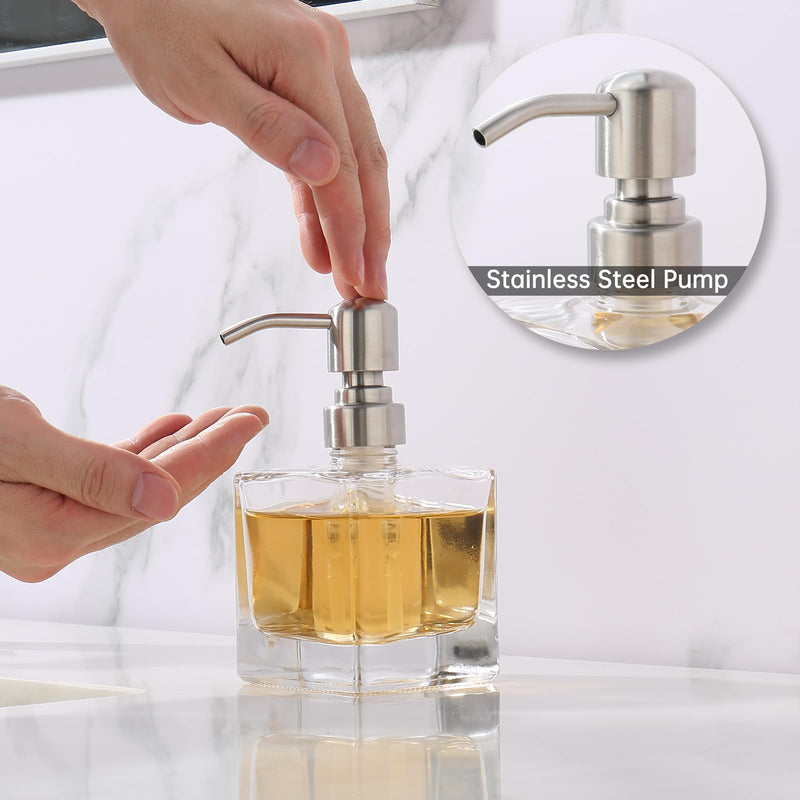  [AUSTRALIA] - Square Bathroom Soap Dispenser Brushed Nickel, Glass Bottles with Stainless Steel Pump Cube Liquid Soap Dispenser Hand Kitchen 8.4oz-Square