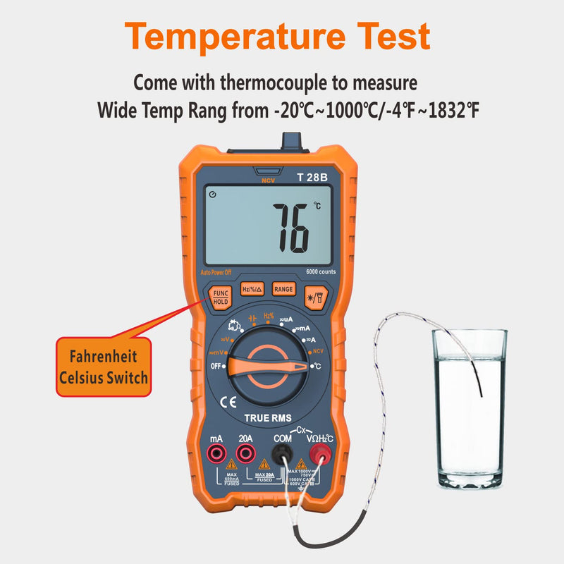 True RMS Digital Multimeter Tester, Auto-Ranging AC DC 20A Ohmmeter 1000V Voltmeter with NCV, Measure Voltage Current Amp Resistance Diode Continuity Duty-Cycle Capacitance Temperature, for Home Auto up to 1000V/20A