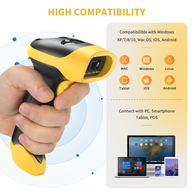 NetumScan Bluetooth Bar Code Scanner, 3 in 1 Automatic Wireless 1D Barcode Scanner Handheld USB CCD Barcode Reader for Store, Warehouse POS, Computer, Tablet, iPhone, iPad, Android Bluetooth+2.4G Wireless-Yellow