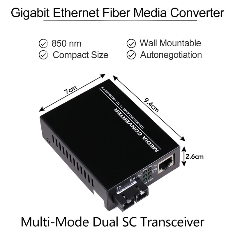 A Pair 2 Pack Multi-Mode Dual SC Fiber Gigabit Fast Ethernet Media Converter, Mini 1x 10/100/1000Base-T RJ45 to 1000Base-SC Slot Converter Transceiver, up to 2KM 850-1310-nm, AC 100V~240V Multi-Mode SC Dual Port