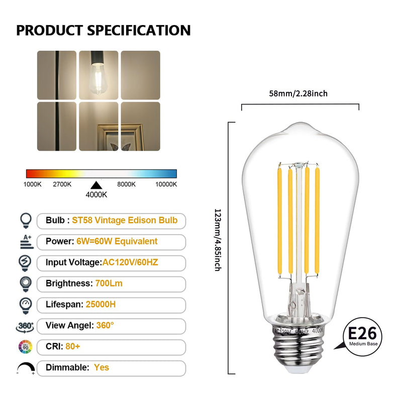 BORT ST58/ST19 Vintage LED Edison Bulbs, 6W Equivalent 60W Filament Light Bulbs, Dimmable 700LM, E26 Base LED Bulbs, Clear Plastic (Daylight White, 12 Pack) Daylight White