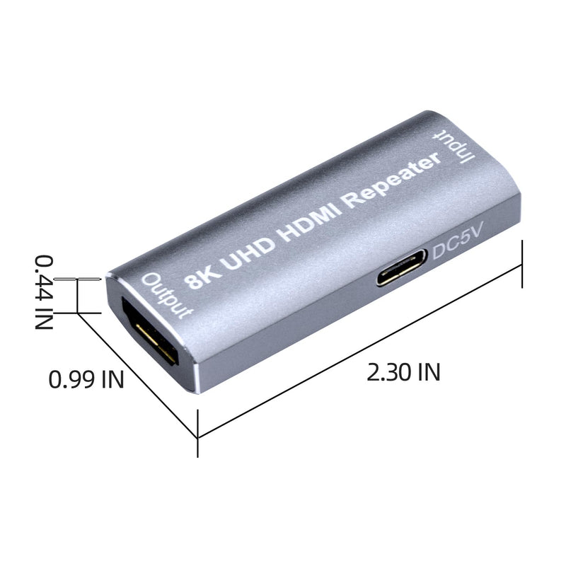 HDMI Amplifier Repeater, HDMI Signal Booster 82ft Support 8K/4K/1080P, Audio Formats DTS-HD/Dolby TureHD/DTS/Dolby-AC3/DSD, Video Format 8, 10 and 12-bit Dark Color Gray HDMI 2.1