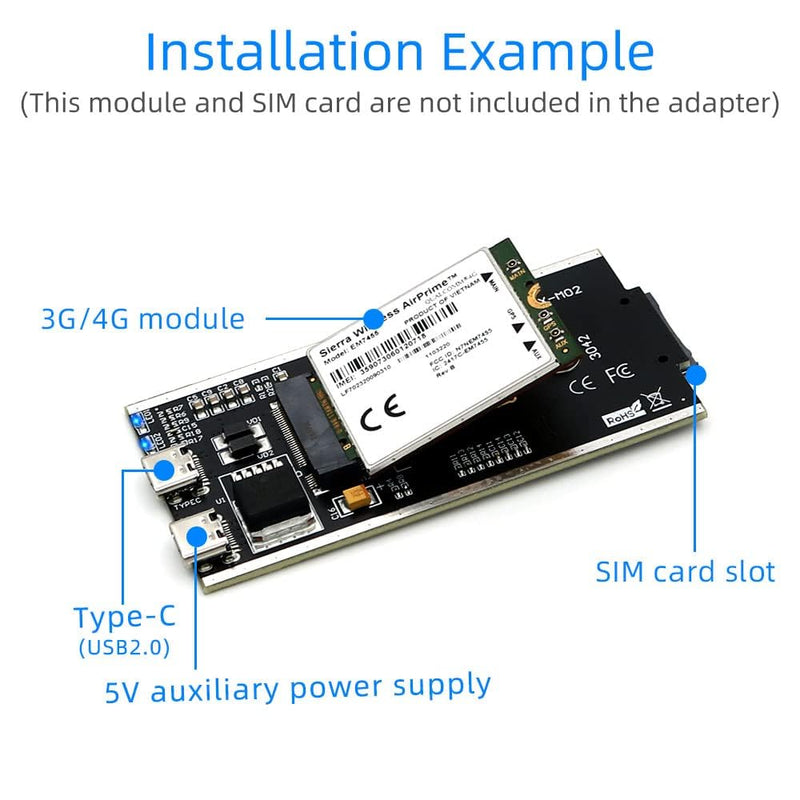 SUPERPLUS NGFF(M.2) to USB 2.0(Type C) Adapter with SIM Card Slot and Auxiliary Power Interface for WWAN/LTE Module