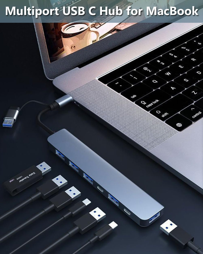 【Upgrade】 USB C & USB Hub with USB 3.0, USB 3.0 Hub for Laptop, 7 in 1 USB 3.0 Hub with USB C Data Port Compatible with MacBook Pro, iPhone 15, iPad Air, Dell XPS, HP, ect