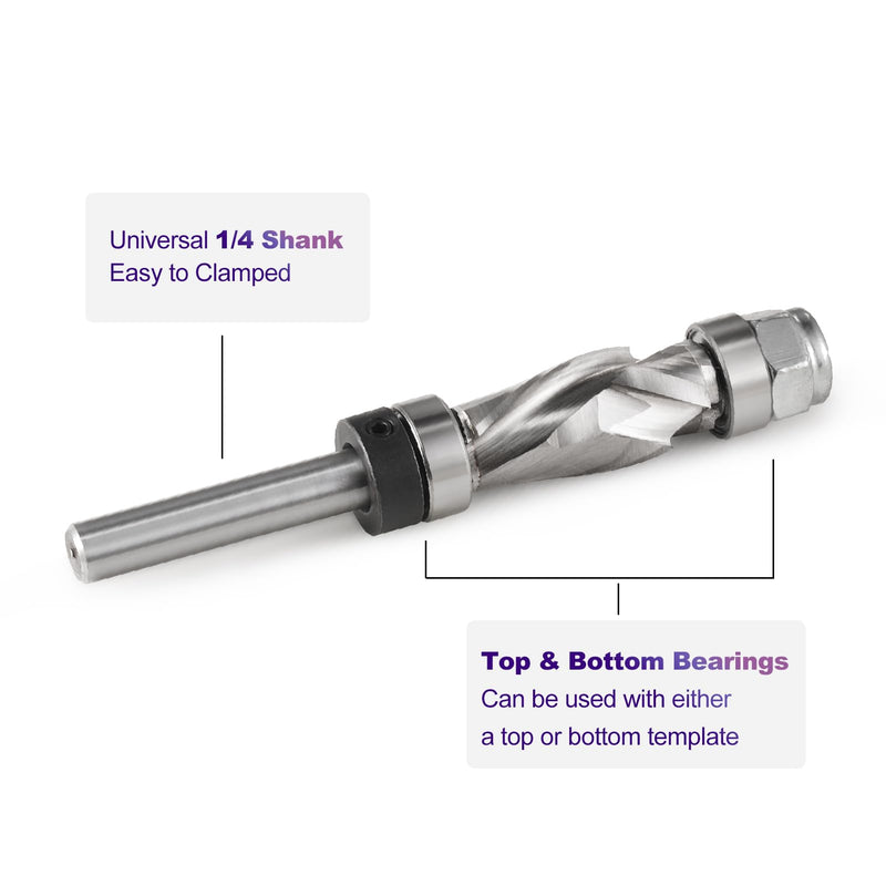 Compression Spiral Flush Trim Router Bit 1/4" Shank with Top and Bottom Bearing,1/2" Cutting Dia, Compression Flush Trim Bit for Wood Trimming Template Router Bit and Pattern Work Router Bits 1/2" Cutting Dia 1/4" Shank