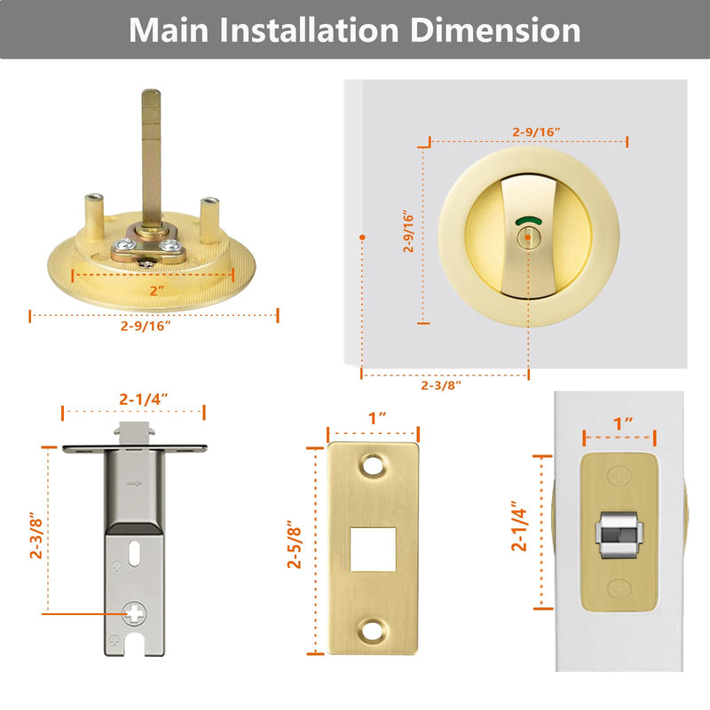 Round Pocket Door Lock with Indicator,1 Pack Contemporary Privacy Pocket Door Hardware,Flush Pocket Door Latch(2-3/8" Backset) for 1-3/5" to 2-1/8" Thickness Door,Brushed Gold Round Lock with Indicator - 1 Pack Brushed Gold