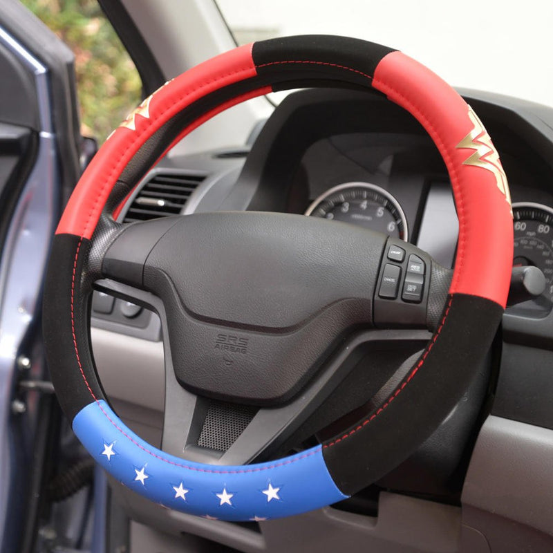 BDK Warner Bros DC Comics Wonder Woman Steering Wheel Cover - Car Accessories for Women, Superhero Heroine Gift Ideas, Original Red White Blue WonderWoman Logo, Universal Standard Fit 14.5-15.5 Inches Wonder Woman - Three tone
