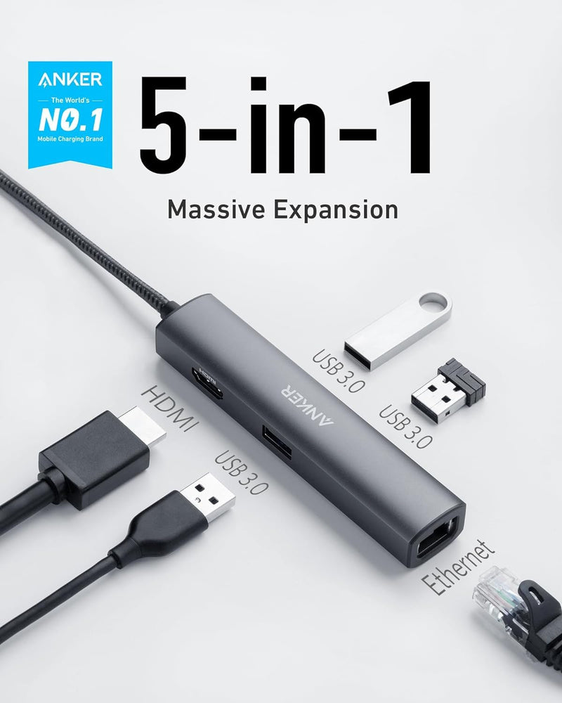 Anker USB C Hub Adapter, 5-in-1 USB C Adapter with 4K USB C to HDMI, Ethernet Port, 3 USB 3.0 Ports, for MacBook Pro, iPad Pro, XPS, Pixelbook, includes Travel Pouch