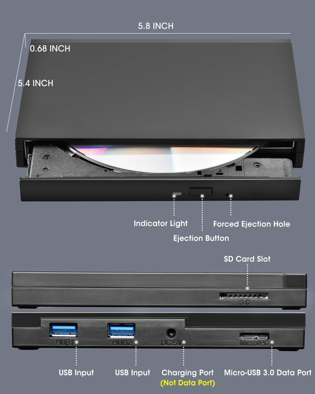  [AUSTRALIA] - External CD/DVD Drive for Laptop, 6 in1 USB 3.0 Type-C Portable CD/DVD Player Burner, CD ROM Drive Optical Drive, CD/DVD Reader, CD to USB Converter, Compatible with Desktop PC Windows Mac OS Bright Black