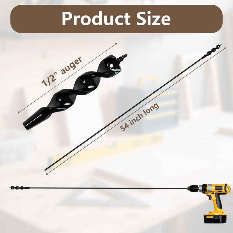 54 Inch Flexible Installer Drill Bit for Wire Pulling, 1/2" Auger with Screw Point & Fish Eye, 3/16" Anti-Slip Hex Shank, Includes Storage Tube for Walls Ceilings Conduits Electrical Installation