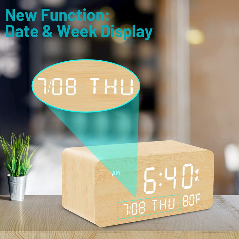 Andoolex Wooden Digital Alarm Clock with Wireless Charging, 0-100% Adjustable Brightness Dimmer and Alarm Volume, Weekday/Weekend Mode, Dual Alarm, Snooze, 12/24H, Wood LED Clock for Bedroom (Bamboo) Bamboo