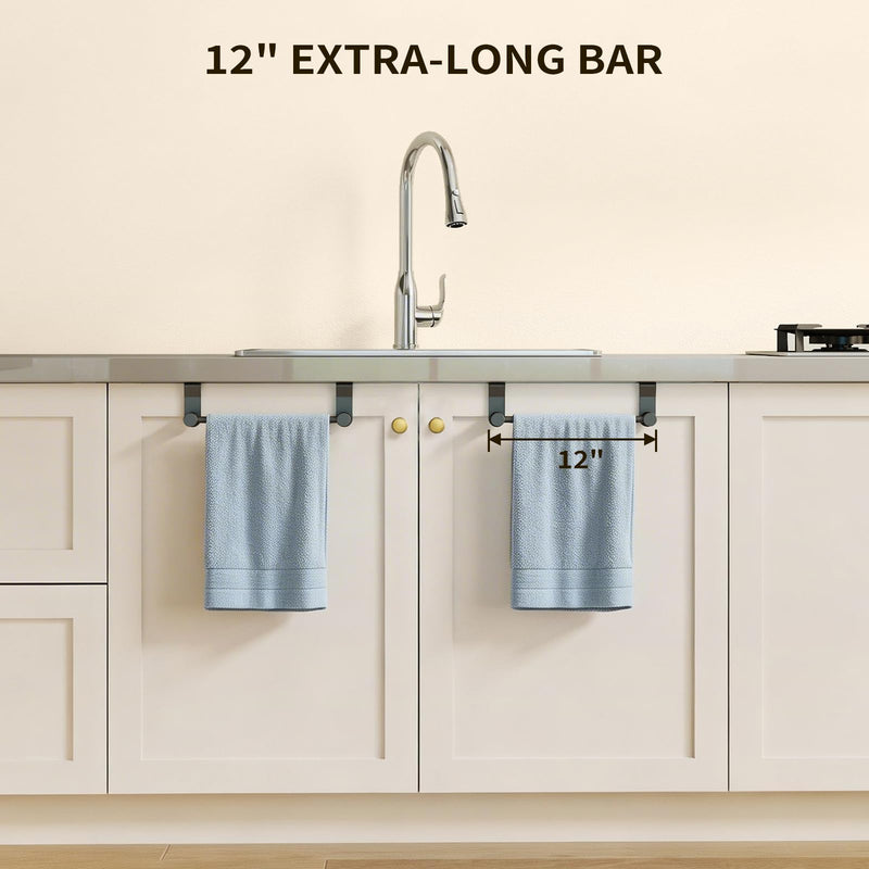YUMORE 12" Over the Cabinet Towel Holder for Wide Doors, 2-Pack Matte Black Dish Towel Rack for Kitchen & Bathroom