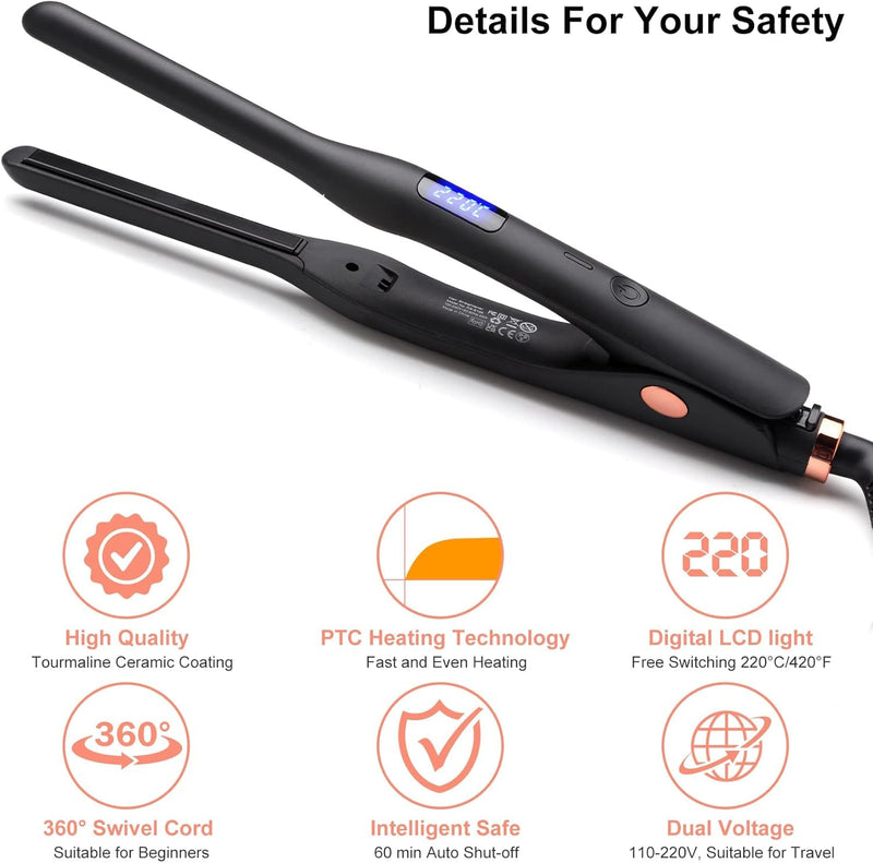 JAETON Mini Hair Straightener for Short Hair,Pixies,Bangs,Small Curls | Small Travel Flat Iron, Adjustable Temperature Pencil Straightener, Dual Voltage Black