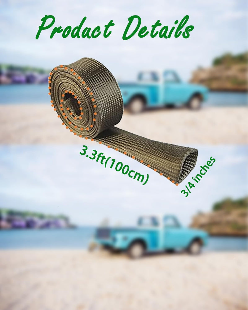 Fuel Line Heat Shield Sleeve - 3/4" ID X 3.3FT 2500°F Fiberglass Heat Wrap Wire Shield Sleeve Cover Hose for Car & Auto Wire Loom Brake Cable, Titanium 3/4''I.D. - 3.3FT