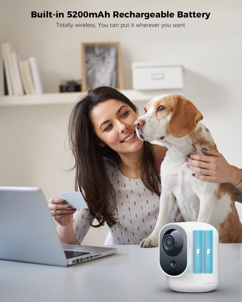 COCOCAM 2K Indoor Pan/Tilt Security Camera with 5200mAh Battery, WiFi Camera,Wireless for Baby Monitor/Pet/Home Security, AI Recognition, PIR Human Detection, 2.4G WiFi (White) white