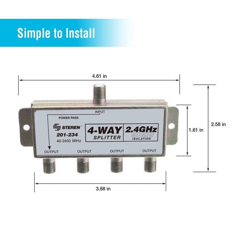 STEREN 4-Way 2.4GHz 90dB 1 Port Power Pass DC Passing On One Port F-Pin Coaxial Splitter [201-234]