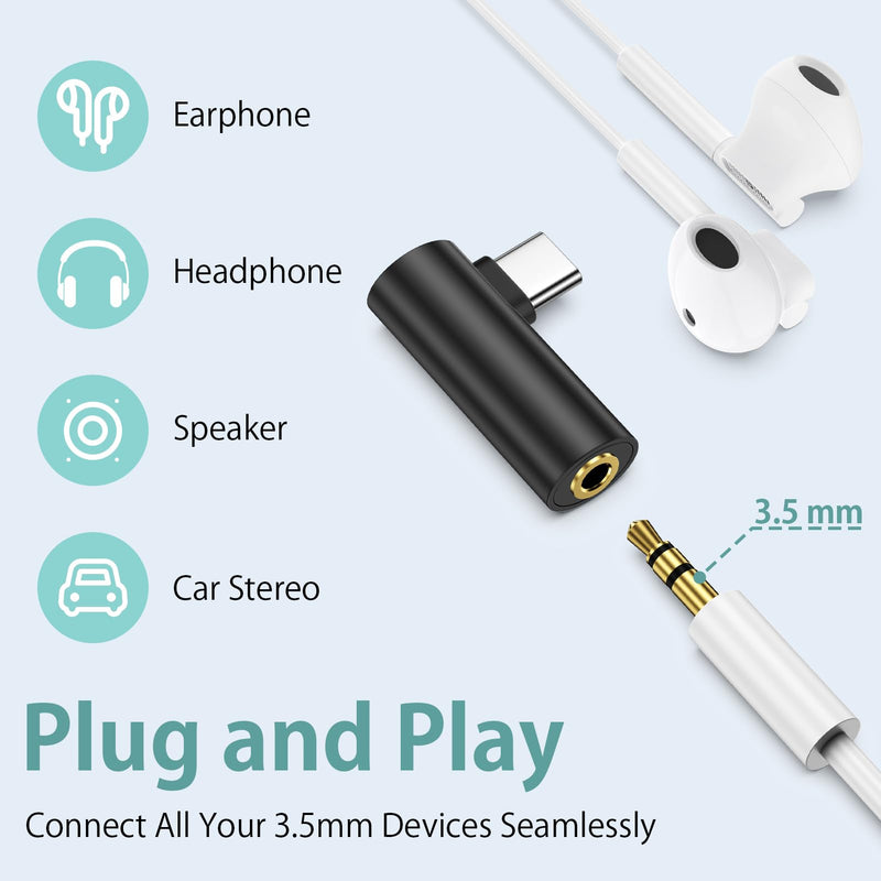 USB C To 3.5mm Audio Adapter,USB TypeC to Headphone Jack Dongle Aux Adapter | DAC Stereo HiFi Right Angle for iPhone 17 16 15,iPad Pro,Samsung Galaxy A17 A16 A37 S26 Ultra S25 Plus A36 A57 S24 FE S23 Black