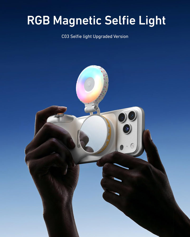 TELESIN Magnetic Selfie Light for iPhone Magsafe and Android | 360° Rotating Full Color RGB Phone Light with Mirror & Stand, LED Selfie Ring Fill Light for Pictures, TikTok, Vlog, Makeup