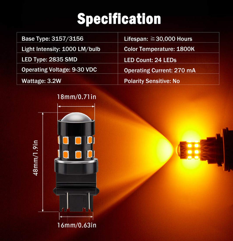 4-Pack Super Bright 3157 3156 3057 4057 4157 LED Bulbs Amber Yellow 9-30V Non-Polarity 24-SMD LED Chipsets with Projector for Turn Signal Lights, Side Marker Lights Pack of 4