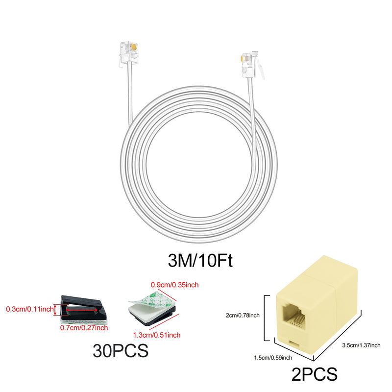 OLIREXD 10 FT RJ11 6P4C Telephone Extension Cable with 30 PCS Adhesive Cable Organizers and 2 Female to Female Inline Couplers for Landline System, Answering Machine, Fax White - 10FT Cable