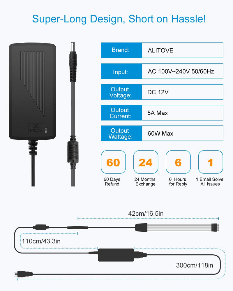 ALITOVE Security Camera Power Supply Adpter 12V 5A with 8 Way Power Splitter Cable 5.5x2.1mm, 100-240V 50-60Hz AC to DC Converter for Analog AHD CCTV DVR Surveillance System (Extended Version 14.5ft) 5A (8-Way)