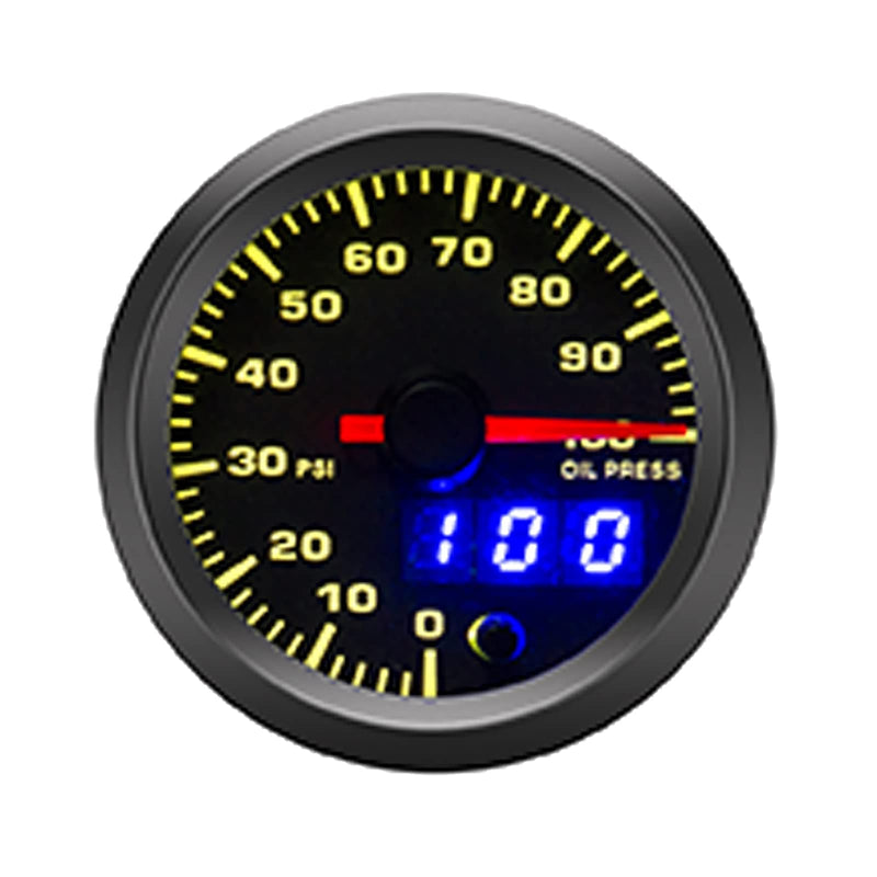 2-1/16" 52mm Oil Pressure Gauge Kit 7 Color 0 to 100 PSI Pointer & LED Digital Readouts Black Dial - Clear Lens Fit for 12V Cars Trucks