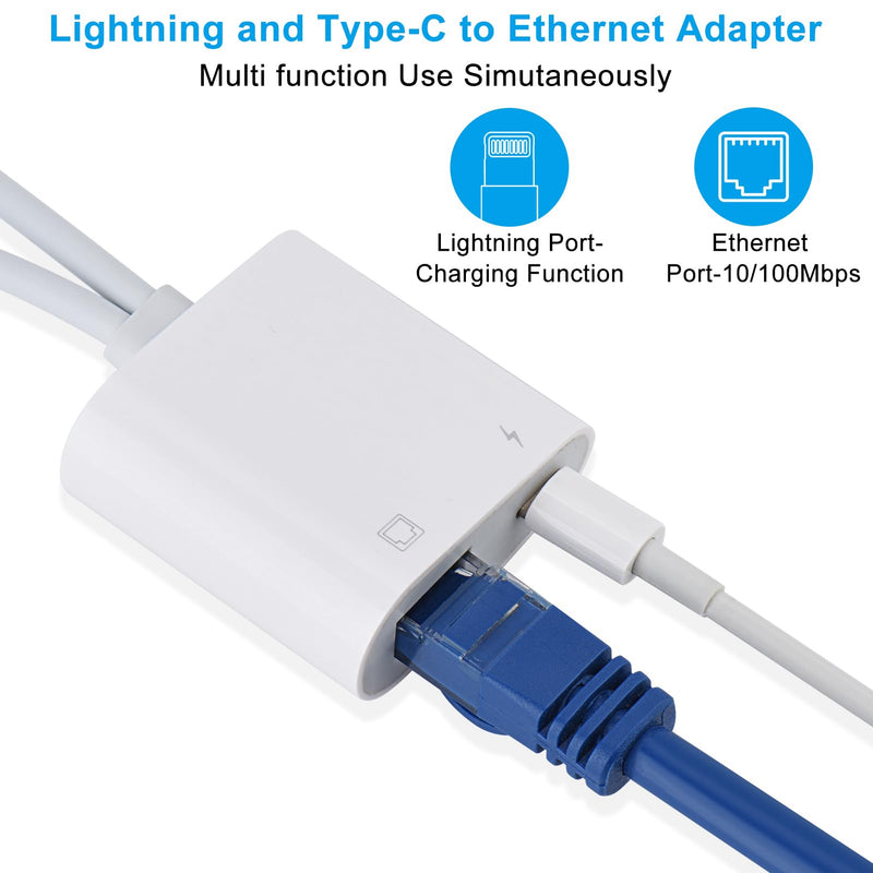 Lightning and USB C to Ethernet Adapter,2 in 1 RJ45 Ethernet LAN Network Adapter with Charge Port Compatible with iPhone/iPad/iPod/Samsung and More,Supports 100Mbps Plug and Play Lightning and USB C to Ethernet Adapte