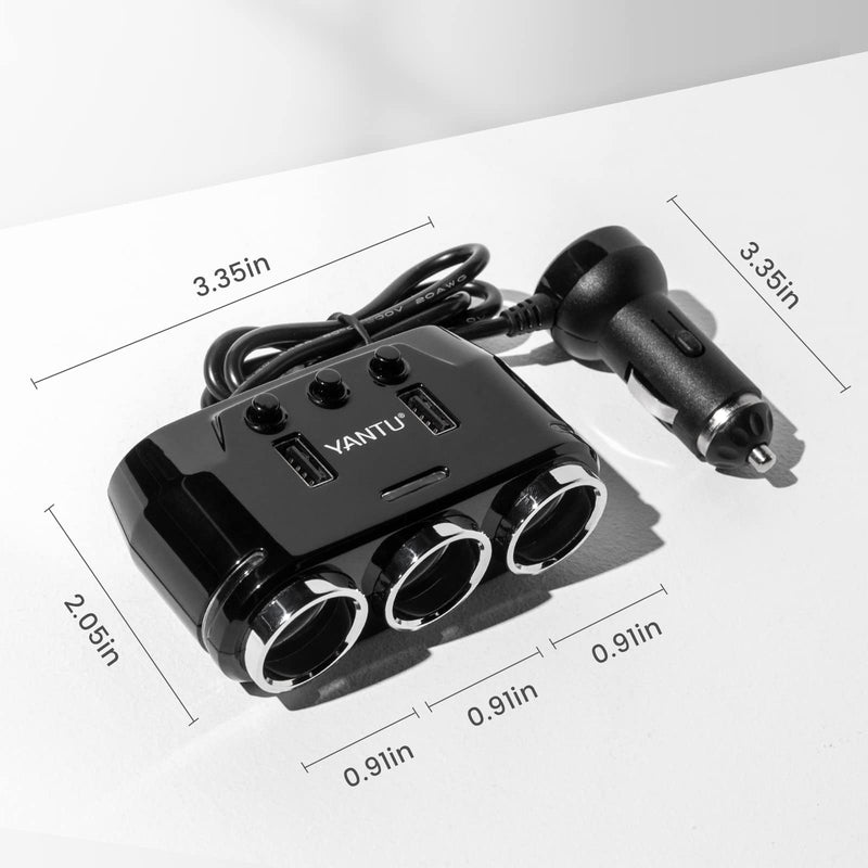 YANTU Cigarette Lighter Adapter & Splitter with 150W 3-Sockets & LED Ambient Lighting, Dual USB Fast Charging Car Outlet 12V, Car Cigarette Lighter Socket Plug Extension for Vehicles BLACK