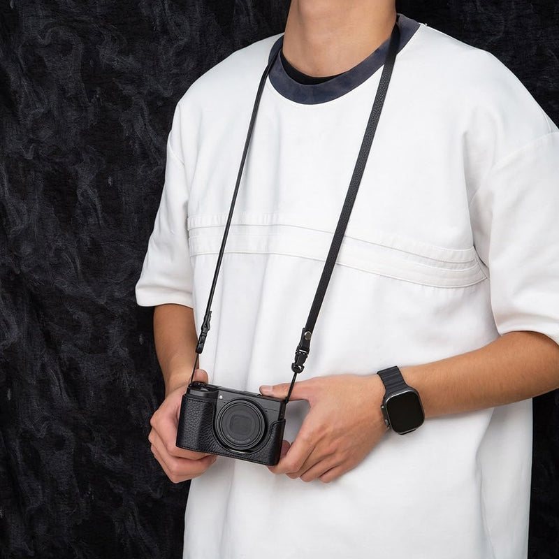 GRIV Vintage Genuine Leather Camera Case with Shoulder Strap for Ricoh GR IV/GR IV X/GR IV HDF/GR4 Handmade Half-Wrap Cover (Black)