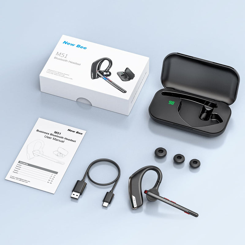 New Bee Bluetooth Headset, Dual Mic Noise Cancelling Bluetooth Earpiece | 80h Playtime, 500mah Charging Case,Crystal-Clear Calls, Bluetooth 5.2 Hands-Free Earphones for Office Driver 1 PACK