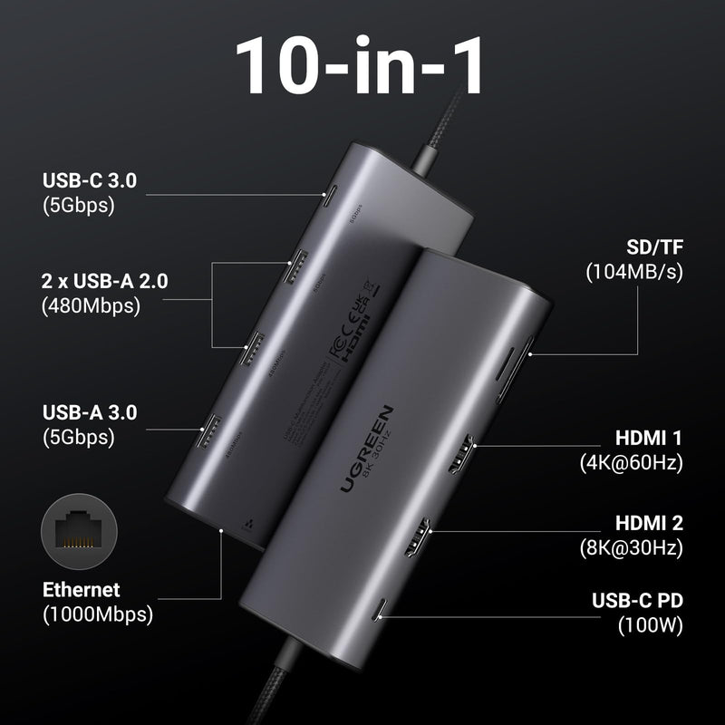UGREEN USB C Docking Station Dual Monitor, 10-in-1 Laptop Dock with 2 HDMI | 2x HDMI, Single 8K, 100W PD, 1Gbps Ethernet, 4x 5Gbps USB-A/C Data, SD/TF, Revodok Pro Aluminum USB-C Dock for Dell/HP/Lenovo