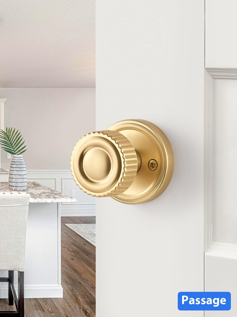 Brushed Gold Passage Door knob, Interior Door Handle Gold Doorknob | Hall Closet Hallyway Kitchen Pantry Laundry Room, Aluminium Alloy Knob, 1 Pack Brushed Gold