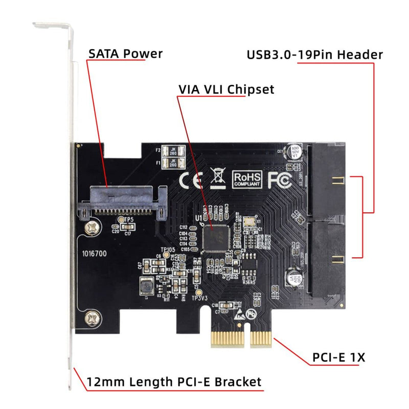 ChenYang Dual USB 3.1 Gen 1 20Pin Front Panel Socket to PCI-E 1X PCI Express Expansion Card Adapter Dual USB 3.1 Gen 1 20Pin 5Gbps
