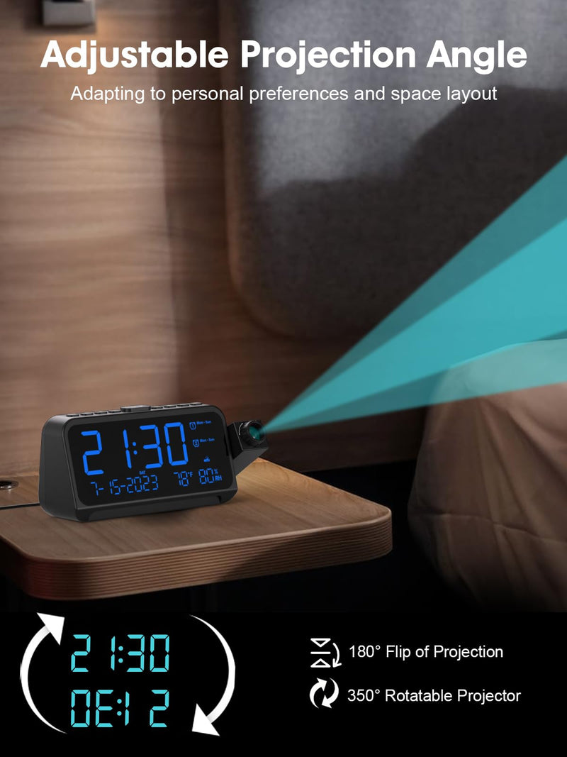 ROCAM Projection Alarm Clock for Bedroom Ceiling, Digital Clock with 180° Projector with 5-Level Dimmer, Dual Loud Alarm with Weekend/Weekday Mode, Date, Temp, Humidity, Night Light, DST, Snooze Blue