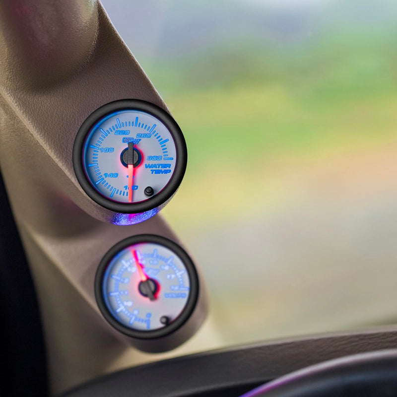 GlowShift White 7 Color 300 F Water Coolant Temperature Gauge Kit - Includes Electronic Sensor - White Dial - Clear Lens - for Car & Truck - 2-1/16" 52mm