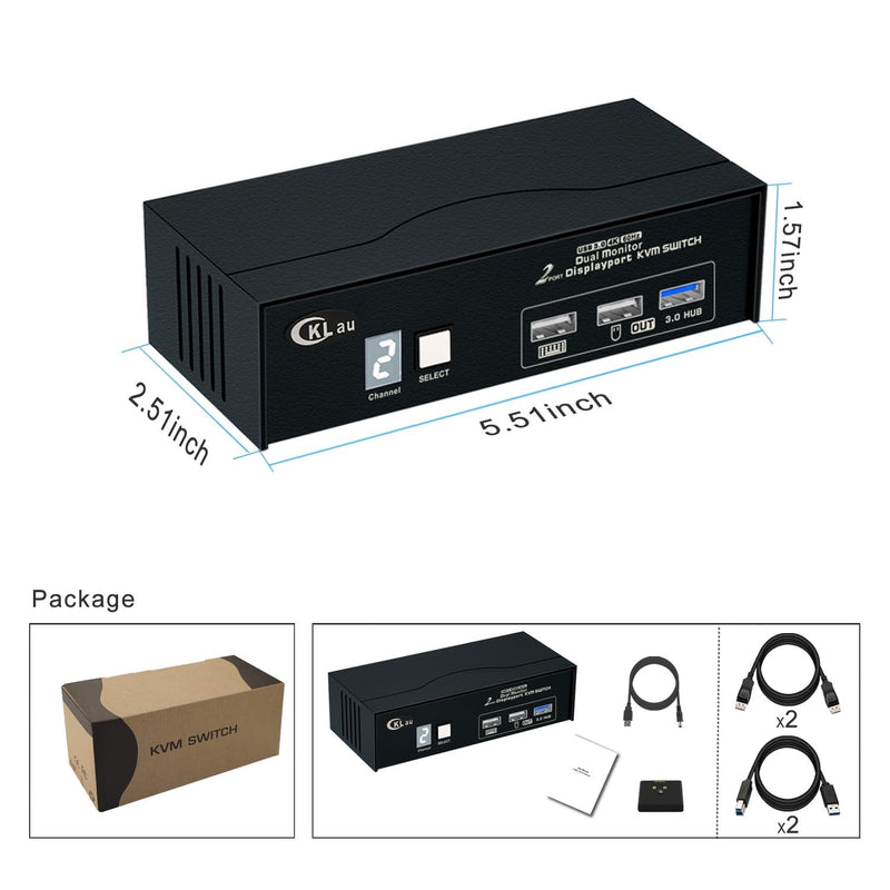 CKLau USB 3.0 2 Port Displayport KVM Switch 2 Monitor 2 Computers 4K60Hz 2K144Hz with Cables, DP 1.2 KVM Dual Monitor Keyboard Mouse Video Peripheral Switcher Box