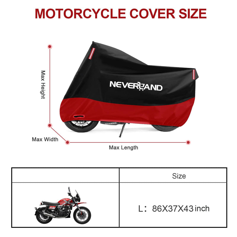 NEVERLAND Motorcycle Cover Waterproof Outdoor, 300D Motorcycle Cover Heavy Duty Outdoor All Season Protection, Universal Motorbike Cover with Night Reflective, Lock-Holes, Storage Bag (Up to 86") L(Up to 86")