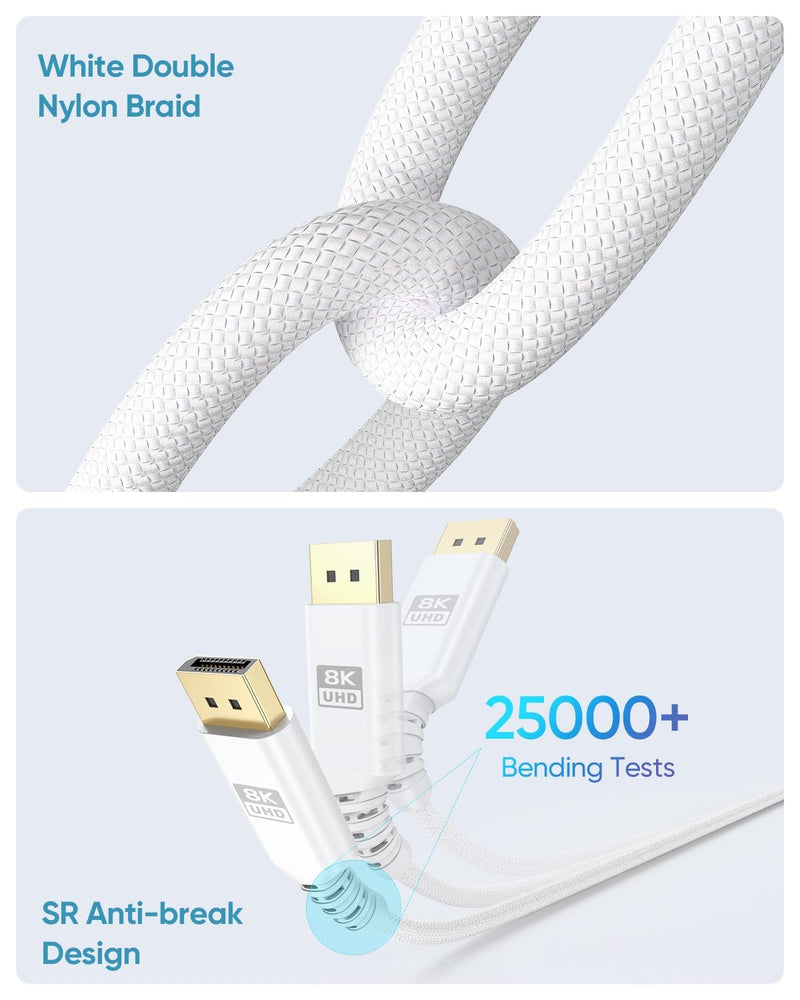 8K White Display Port Cable 15FT, DisplayPort 1.4 Cable DP Cord (8K@60Hz, 5K@60Hz, 4K@144Hz, 2K@240Hz, HDR) for Gaming Monitor PC, Laptop, Graphics Card