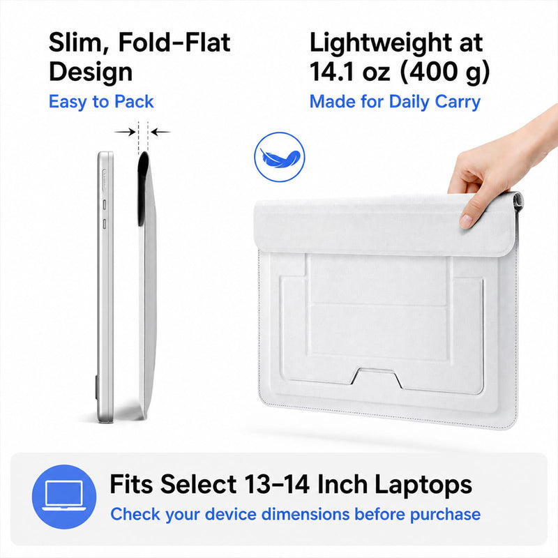 2-in-1 Laptop Sleeve with Stand, 13-14 Inch, PU Leather, Grey | Magnetic origami design folds into a 3-angle stand with a water-repellent PU exterior and storage for mouse and cable.