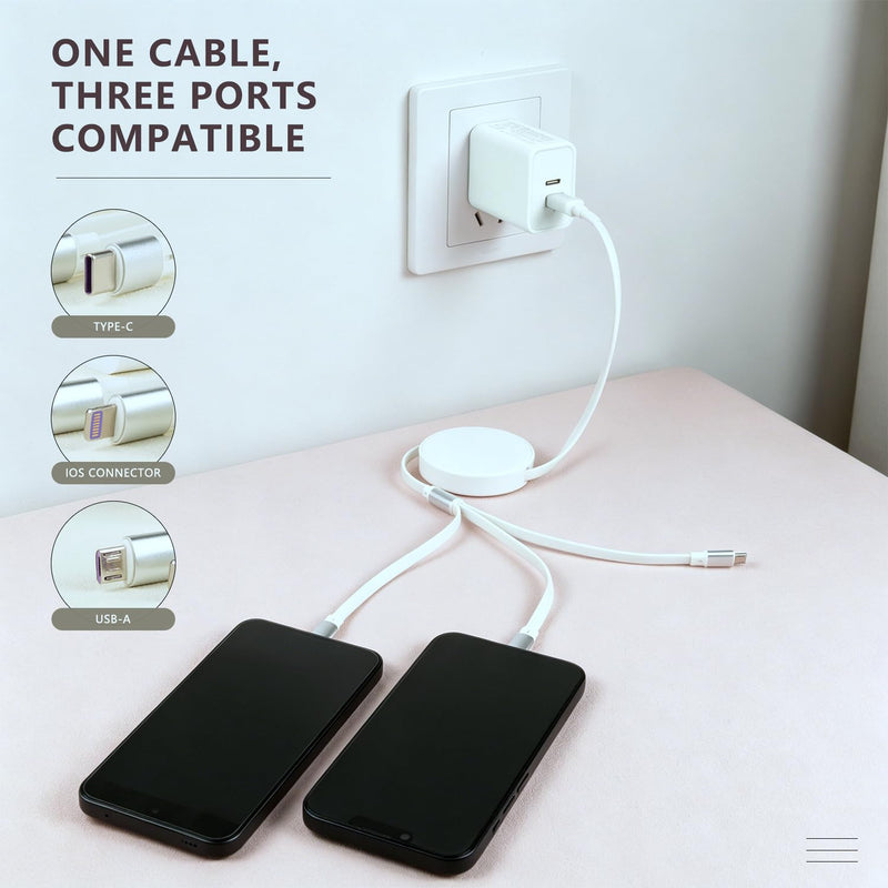 PD 45W USB Dual Port charger with 3-in-1 Retractable Cable | Dual USB-C and USB-A ports for controllers, gaming headsets, USB-C handheld consoles and everyday mobile devices