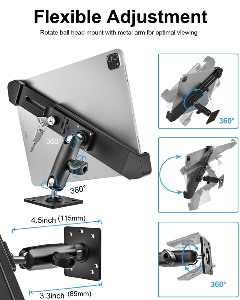 woleyi Anti Theft Security Tablet Wall Mount, Metal 360° Rotation Tablet Holder Stand with Lock and Key, Compatible with iPad Pro 13, Air, Samsung Galaxy Tabs, Surface Pro, Go, Fire HD, 9-14" Devices